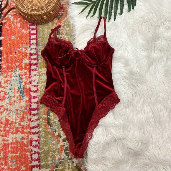 Forever 21 Tops Forever 2 Red Velvet Lace One Piece Bodysuit Tank